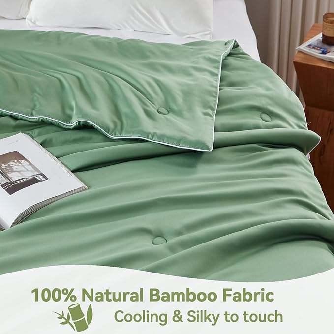 Globon Lightweight Comforter King Size,Summer Blanket for Hot Sleepers Keep Cool,Silk Soft Bamboo Viscose Shell,Organic Breathable Fill,Double Stitch,Sage Green