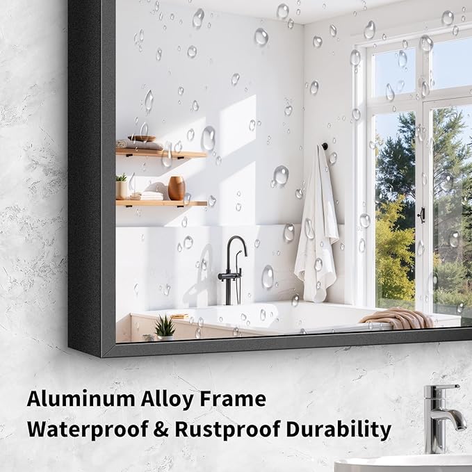 Koonmi Black Framed Bathroom Mirror - Shatterproof 38"x26" Tempered Glass, HD No Distortion, Horizontal/Vertical Mount, Modern Matte Aluminum Alloy Frame