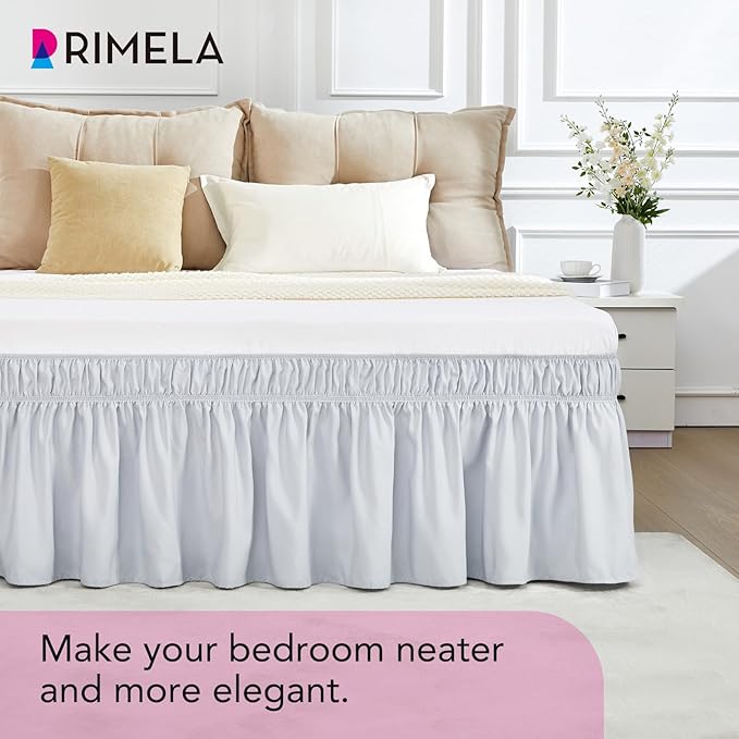 RIMELA Ice Grey Bed Skirt Queen Size 15 Inch Drop, Elastic Bed Skirting for Bed Base and Frame, Bedding Dust Ruffle Easy to Install, Lightweight Wrap Around Adjustable Bedskirt
