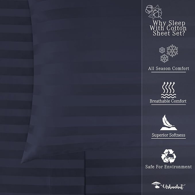 URBANHUT 1000 Thread Count Damask Striped King Sheet Set Egyptian Cotton Sheets, Long Staple Soft & Breathable, 4 Pcs Bed Sheet Sets, Luxury Hotel Sateen Sheets Fits 16" Deep Pocket - Navy Blue