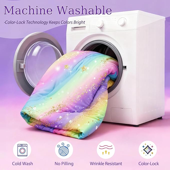 Rainbow Bedding Set Twin Size – 6-Piece Reversible Girls Comforter with Deep-Pocket Sheet, Gradient Galaxy Design, Whole-Piece Filling, Machine Washable Bed-in-a-Bag for Kids Room Makeover & Gifts