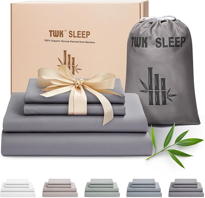 TWK Luxury Sheet Set, Genuine 100% Viscose Derived from Bamboo, Cooling & Breathable, Silky Soft, Bedding Sheets & Pillowcases(Gray, Queen(60 * 80 * 15))