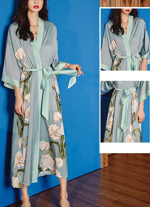 Silk Satin Robe for Women Long Japanese Kimono Robe Lightweight Soft Bathrobe Floral Luxury Dressing Gown