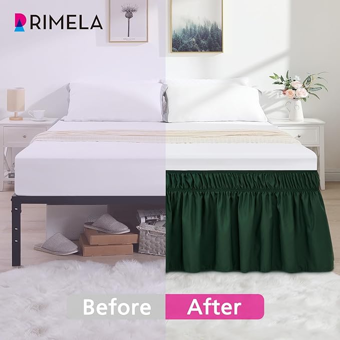 RIMELA Dark Green Bed Skirt King Size 15 Inch Drop, Elastic Wrap Around Bed Skirt King Dust Ruffle for Bed, Soft and Solid Fabric Bedding Bedskirt Machine Washable Easy to Install