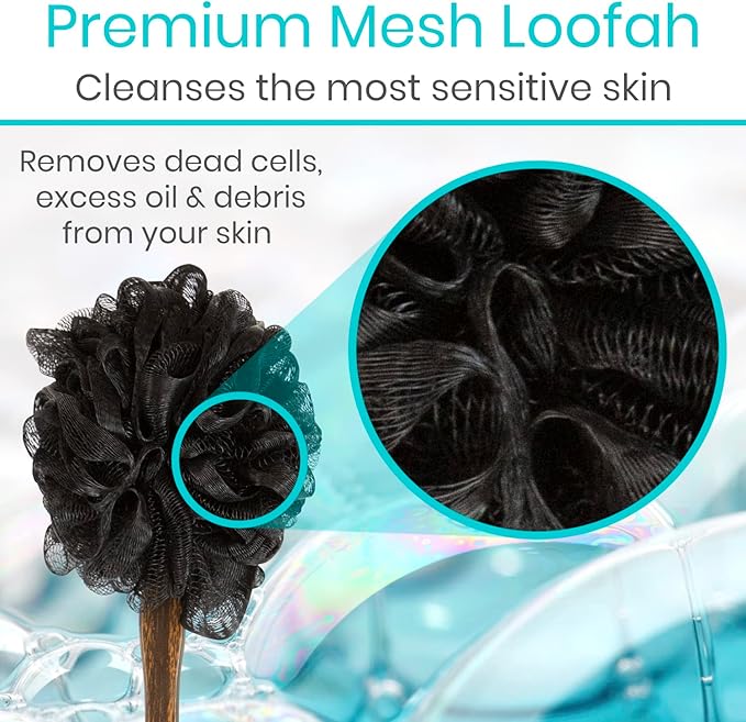 Vive 17” Shower Loofah with Long Handle - Exfoliating Back & Body Scrubber for Men & Women - Luffa Sponge on a Stick for Bathing, Cleaning - Includes Extra Handheld Lufa, Hook & String to Hang on Wall
