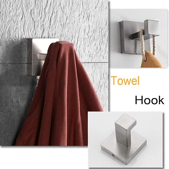 4-Piece Bathroom Hardware Set, Towel Rack Towel Bar Towel Holder Toilet Paper Holder Towel Hooks Modern Square Premium Stainless Steel Brushed Nickel Wall Mounted Bathroom Accessories Set (16inch)