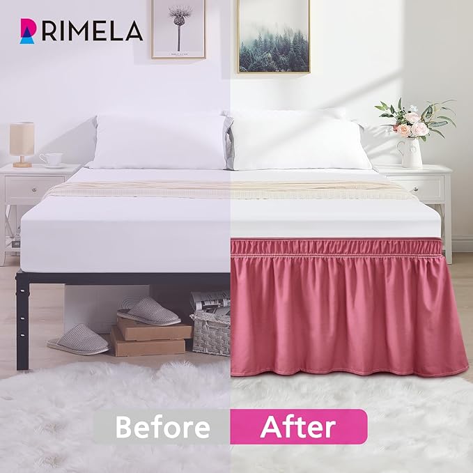 RIMELA Dusty Red Bed Skirt Queen Size 18 Inch Drop, Wrap Around Elastic Bedskirt, Dust Ruffle for Adjustable Bed Base Machine Washable Easy to Install Bed Skirts