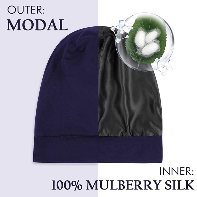 OLESILK Mulberry Silk Bonnet for Men, Mens Bonnet for Curly Hair, 100% Real Silk Hair Bonnet for Sleeping, Night Cap for Frizzy, Navy