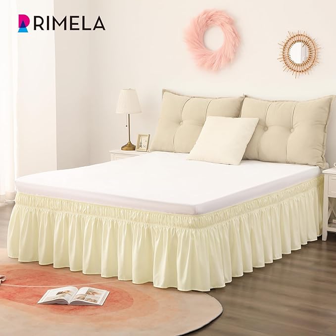RIMELA Cream Yellow Bed Skirt Queen Size 15 Inch Drop, Elastic Bed Skirting for Bed Base and Frame, Bedding Dust Ruffle Easy to Install, Lightweight Comforter Set with Wrap Around Adjustable Bedskirt