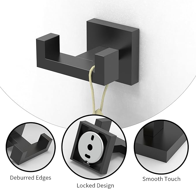 Ruacq Double Towel Hook Matte Black Square Base Bathroom Robe Towel Holder Hand Towel Hanger Stainless Steel Modern Wall Mounted