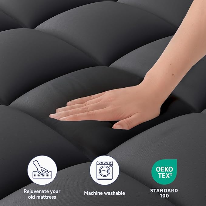 ELEMUSE Twin XL Black Cooling Mattress Topper, Pillow Top, 100% Polyester, Machine Washable, 10 Inches