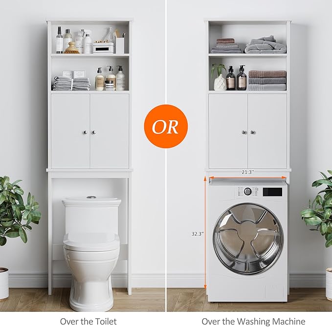 Meilocar Over The Toilet Storage Cabinet for Bathroom, Extra Tall Over Toilet Storage, Space Saver W/Adjustable Shelf & Open Storage Shelf, 75in, White