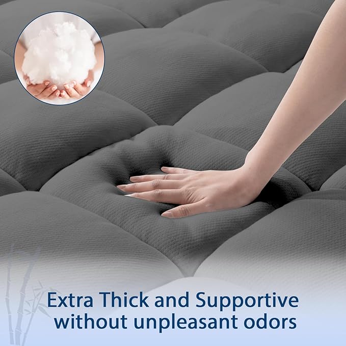 ELEMUSE Twin XL Grey Cooling Bamboo Viscose Mattress Topper for College Dorm, Extra Long Twin Mattress Pad Cover for Back Pain, Soft Pillowtop with Deep Pocket, Overfilled Down Alternative Filling