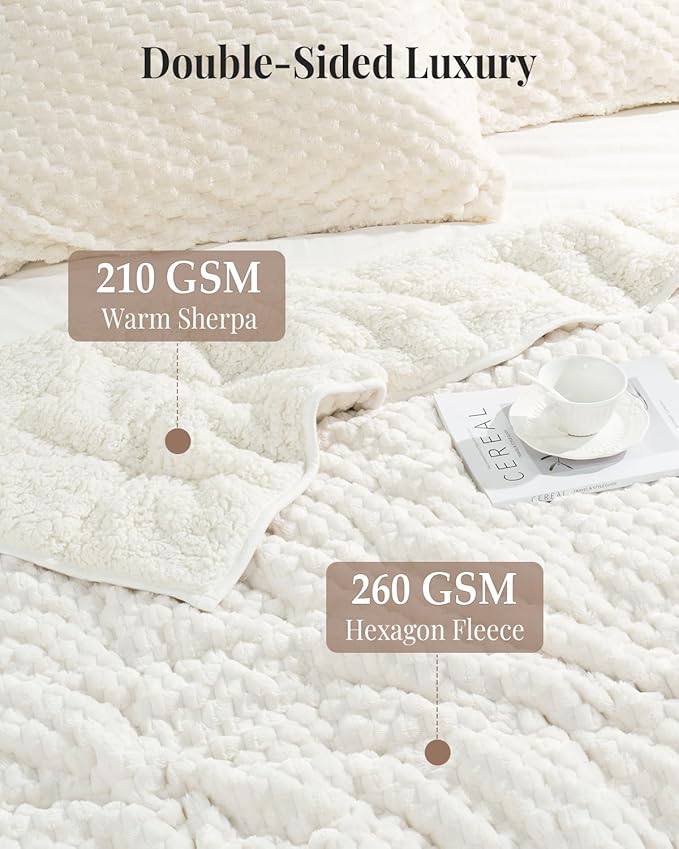 Topblan Sherpa Weighted Blanket for Adluts, Soft Cozy Jacquard Fleece Weighted Blankets Queen Size 20lbs, Thick Heavy Blanket for Sleeping, 60 x 80 inches, Cream White