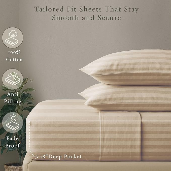 Threadmill 500 Thread Count King Size Damask Stripe, 4 Pc Luxury Cotton Bedsheet Set, Silky Soft Light Beige Sheets with 16" Elasticized Deep Pocket, 2 Pillowcases & Free Tote Bag
