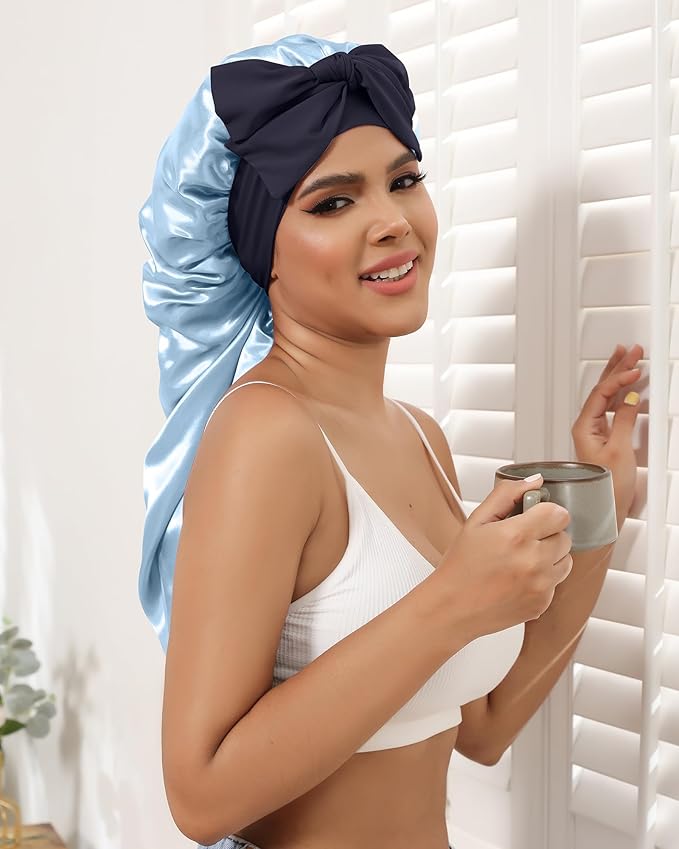 AWAYTR Long Satin Bonnet for Sleeping - Double Layer Reversible Silk Bonnet for Long Hair Women Sleeping Cap with Tie Band