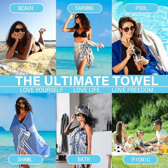 Turkish Beach Towel Quick Dry Absorbent Cotton Lightweight Thin Bathroom Bath Pool Swim Towels Extra Large Oversized Sand Free Beach Accessories Essentials Stuff Cloud Gift for Adults