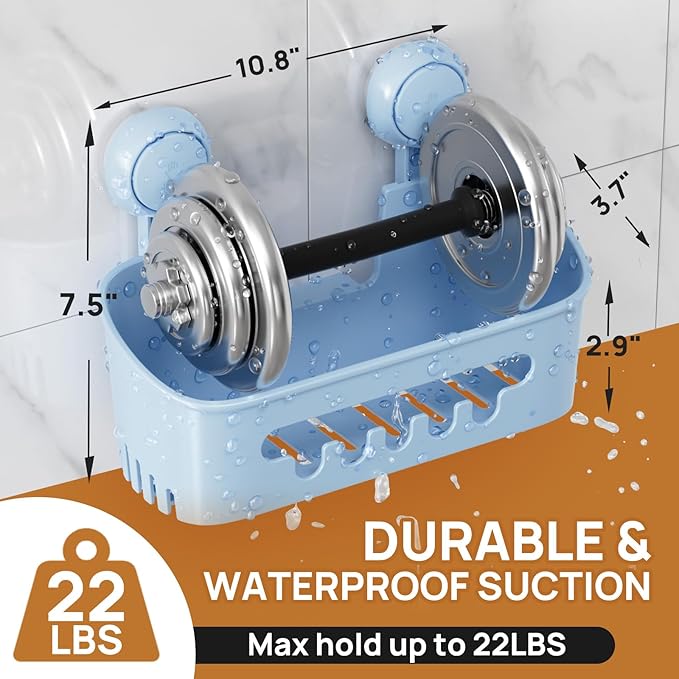 LEVERLOC Shower Caddy Suction Cup 2 Pack, Shower Organizer Removable Bathroom Shelf, Storage Suction Powerful Max Hold 22lbs Bathroom Caddy Waterproof Holder, Blue