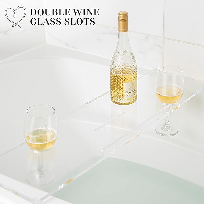 42" Supreme Plus- Luxury Bathtub Caddy - 3/8" Thick, Clear Bath Tub Tray Table for 1 or 2 Bathers, Acrylic Bath Tray Bathtub Caddy, Book, iPad and 2 Wine Glass Holders (42")