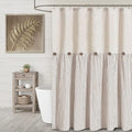 Farmhouse Shower Curtain Linen Beige Button Woven Fabric Country Rustic Western, Pleated Brown Stripe 72" W x 78" L