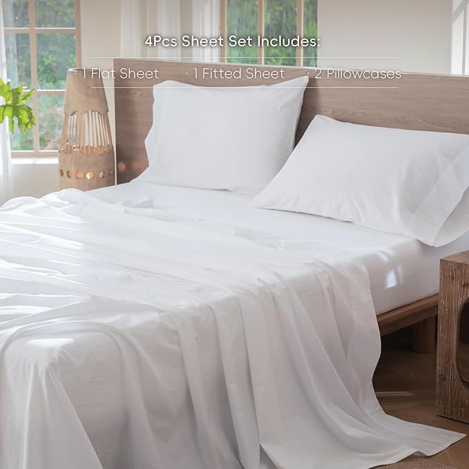 MooMee Bedding Sheet Set 100% Washed Cotton Linen Like Textured Breathable Durable Soft Comfy (Solid Bright White, California King)