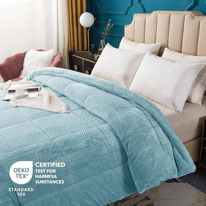 KASENTEX Super Ultra Soft Luxury Plush Sherpa All Season Comforter King Size, Cozy Reversible Faux Fur Machine Washable Bedding, Cloud Blue