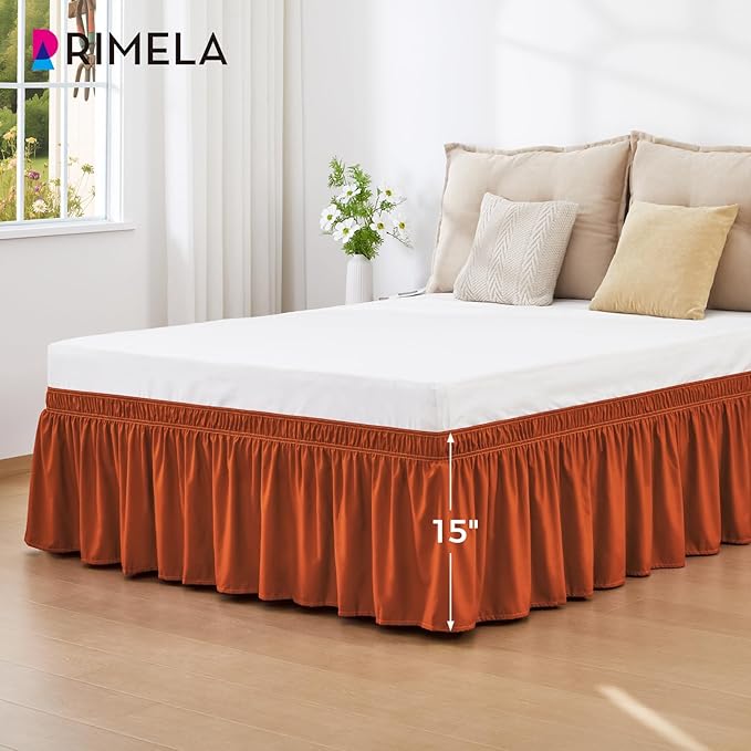 RIMELA Orange Yellow Bed Skirt Queen 15 Inch Drop, Elastic Bed Skirts Queen Size Dust Ruffle, Bedskirt for Adjustable Bed Base, Wrinkle & Fade Resistant Silky Luxurious Fabric Easy to Install