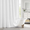 MitoVilla Boho Extra Long Shower Curtain 72 x 96, White Modern Farmhouse 96 inch XL Polyester Linen Texture Tassel Fabric Shower Curtain Set with Hooks for Cottagecore Country Bathroom Decor,White
