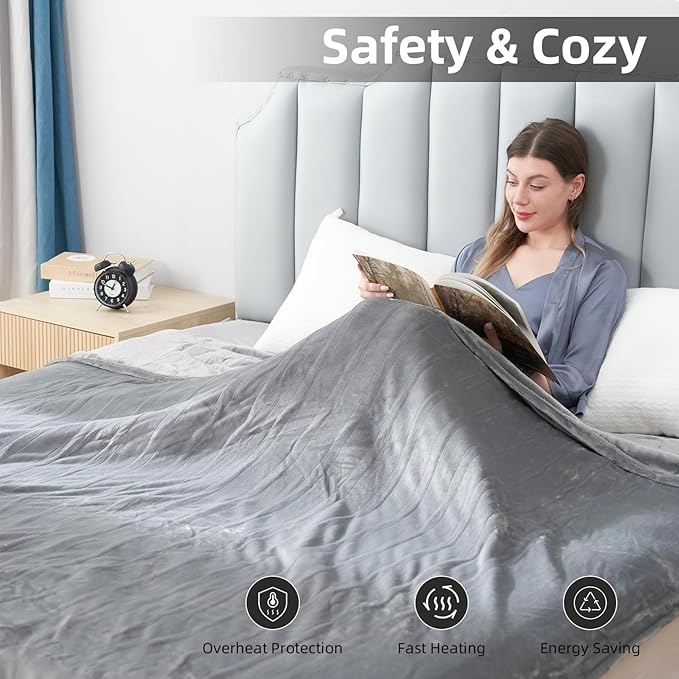Electric Heated Blanket Twin Size 62”x84”,Soft Warmth Cozy with 5 Heating Settings 10 Hours Auto-Off, One Touch Operation, Easy Care, Machine Washable, Light Gray