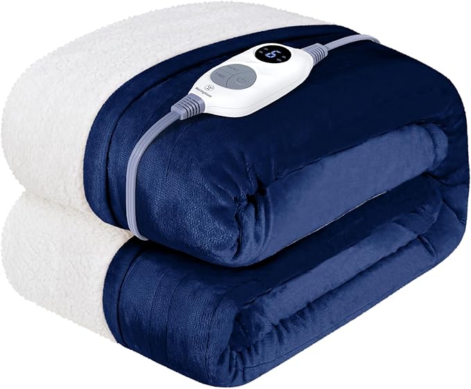 Westinghouse Electric Blanket Heated Throw | 6 Heating Levels & 4 Hours Auto Off | Flannel to Sherpa Reversible 50x60 | Machine Washable, Navy Blue