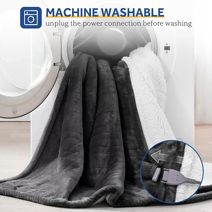 SEALY Heated Throw Blanket, Flannel & Sherpa Reversible Electric Throw with 6 Heating Levels & 2-10 Hours Auto Shut Off, Machine Washable, 50x60 Inch, Dark Grey