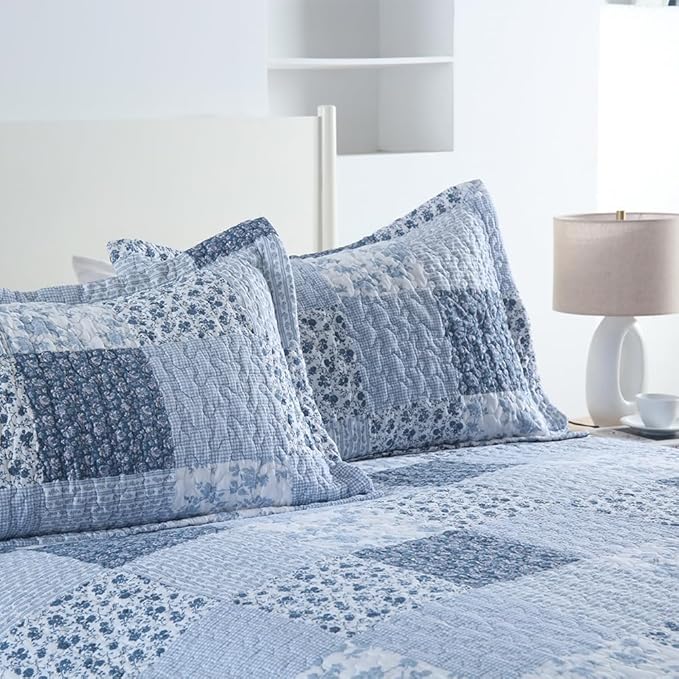 ENASAL Cotton Bedspread Quilt Bedding Sets Reversible Coverlet Sets Comforters Rustic Floral White Blue Patchwork Pattern Bedspread for All Season, Queen Size