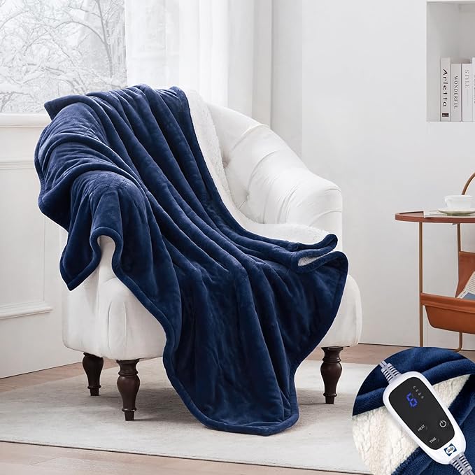 SEALY Heated Throw Blanket, Flannel & Sherpa Electric Throw with 6 Heat Setting & 2-10 Hours Auto Shut Off, Machine Washable, 50x60 Inch, Navy