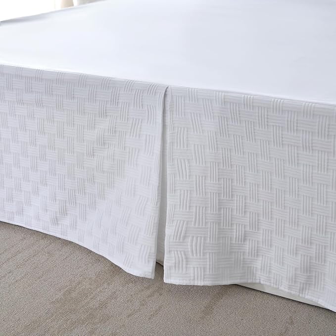Full Size Bed Skirt, Pleated Knitted Jacquard Waffle Weave Striped Bed Skirt, Tailored Dust Ruffle 14 Inch Drop Easy Fit, Machine Washable (White, Full - 14" Drop)