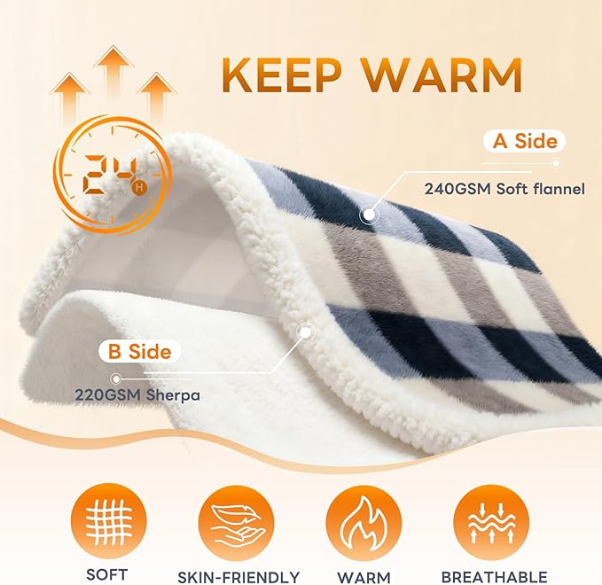 Blanket for Women, Sherpa Throw Blanket for Couch, Flannel Cozy Soft Blanket for Bed - Fleece, Gray-Soft Blue, 80x90 Inches