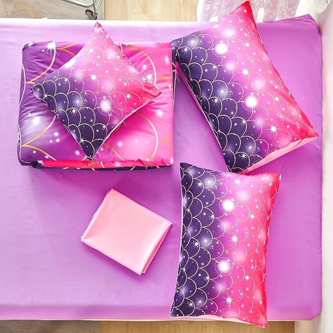 URBONUR Pink Purple Twin Comforter Set 6 Pieces Glitter Colorful Kids Girls Bedding Set (1 Comforter,1 Flat Sheet,1 Fitted Sheet,2 Pillowcases,1 Square Cover)
