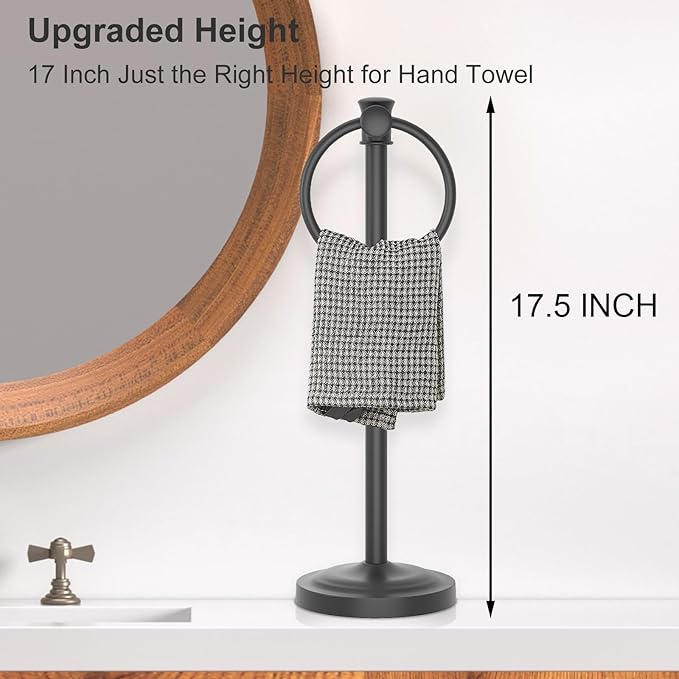Hoimpro 17 Inch Stand Hand Towel Holder Towel Bar Towel Hanging Ring, Free Standing Floor Hand Towel Rack Storage for Bathroom Kitchen Vanity Countertops, Hardware Accessories(Matte Black)