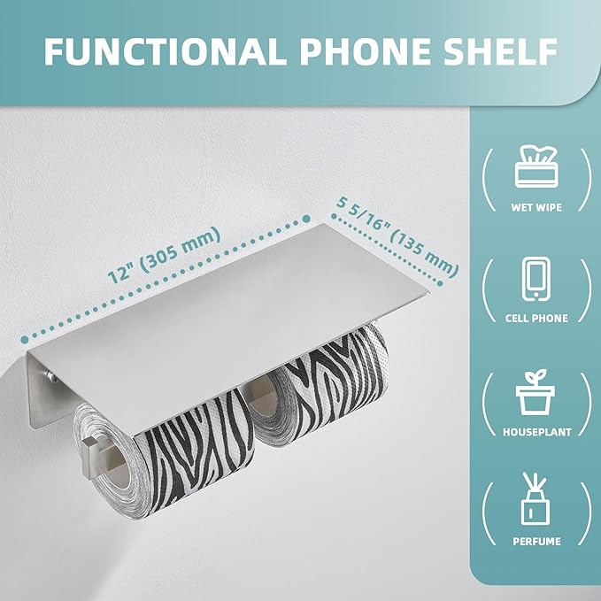 Angle Simple Double Toilet Paper Holder with Shelf, SUS 304 Stainless Steel Bathroom Lavatory Toilet Tissue Roll Holder Wall Mount, Brushed Nickel