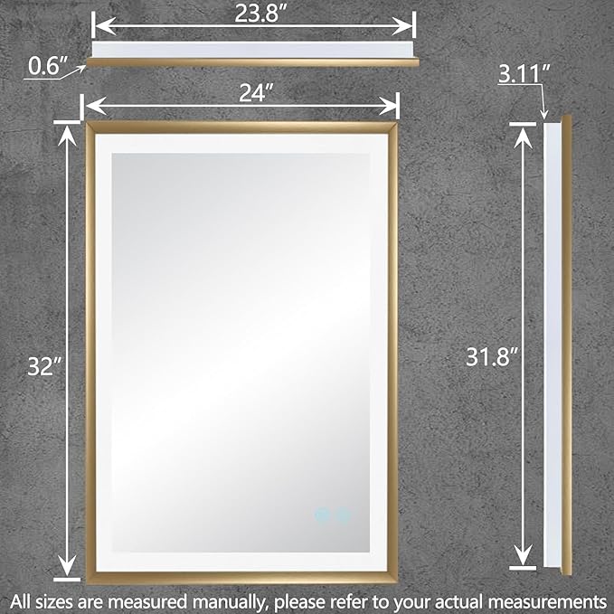 24 X 32 Gold Bathroom LED Mirror – Frontlit & Backlit Vanity Mirror with Antifog & Shatter Proof Tempered Glass, Aluminium Frame Bathroom Mirror, Comes with 3 Colour Lights Option