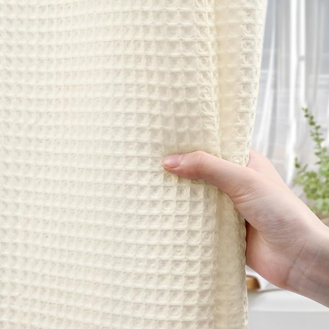 Extra Long Waffle Shower Curtain - Ivory Cotton Texture Fabric Heavyweight Shower Curtain for Bathroom,72Wx90L