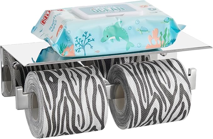 Angle Simple Double Toilet Paper Holder with Shelf Polished Chrome, 304 Stainless Steel Toilet Tissue Roll Holder Wall Mount