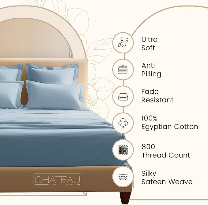 100% Egyptian Cotton Sheets Queen Size Set, 800 TC Deep Pocket Queen Sheets Set, Soft Breathable Sateen Weave 4 PC Elasticated Sheet & Pillowcase Sets, No Pill & Shrink, Fade Resistant- French Blue