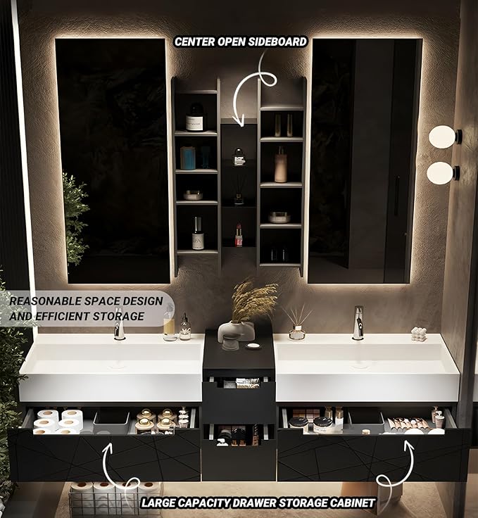 Double Bathroom Vanity with Sink, Floating Modern Bathroom Vanity Set Includes LED Smart Defogging Mirror and Open Storage Wall Cabinet, Solid Wood Bathroom Cabinet with Large Drawer (Dark Grey,72")