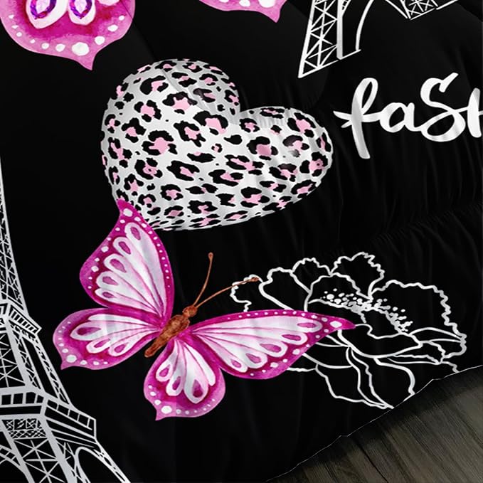 Pink Butterfly Comforter Queen Bedding Sets for Girls, Eiffel Tower Leopard Heart Pattern Bedding Sets with 2 Pillowcases,Aesthetic Bedding for Women Girls Bedroom Paris Decor.