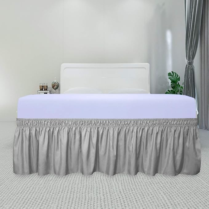 PureFit Wrap Around Ruffled Bed Skirt with Adjustable Elastic Belt - 22 Inch Drop Easy to Put On, Wrinkle Free Bedskirt Dust Ruffles, Bed Frame Cover for Queen, King and C-King Size Beds, Light Gray