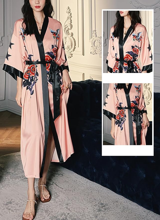 Silk Satin Robe for Women Long Japanese Kimono Robe Lightweight Soft Bathrobe Floral Luxury Dressing Gown