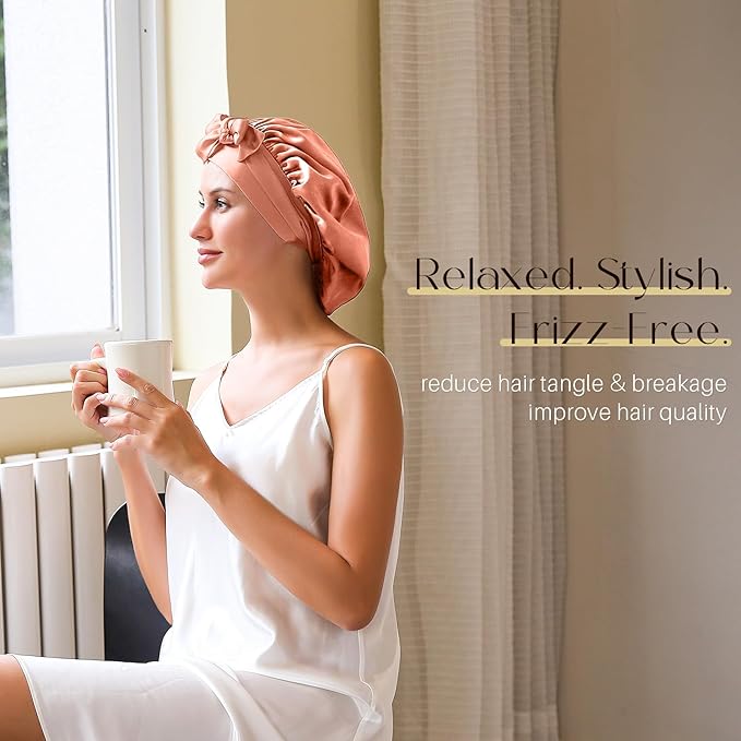 ZIMASILK 100% Mulberry Silk Bonnet for Sleeping Women Long Hair Double Layer Silk Hair Wrap with Tie Band Stay On Head (1Pc, Coral)