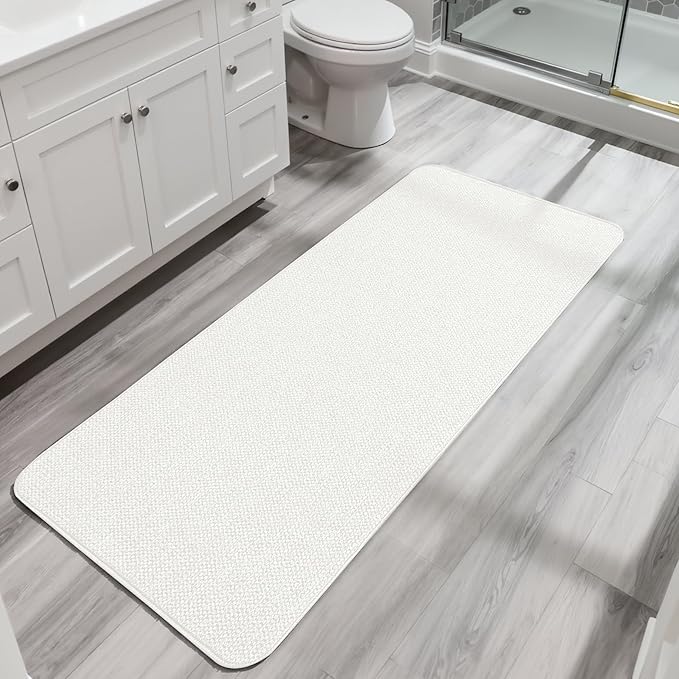 Bath Mat,Ultra Thin Bathroom Runner Rugs,Large Bath Mats for Bathroom,Quick Dry,Non-Slip,Machine Washable,Low Pile,Bath Rug,Shower Outside,Sink,Home Decor Accessories.White,1'9"x3'11"（21x47inch）