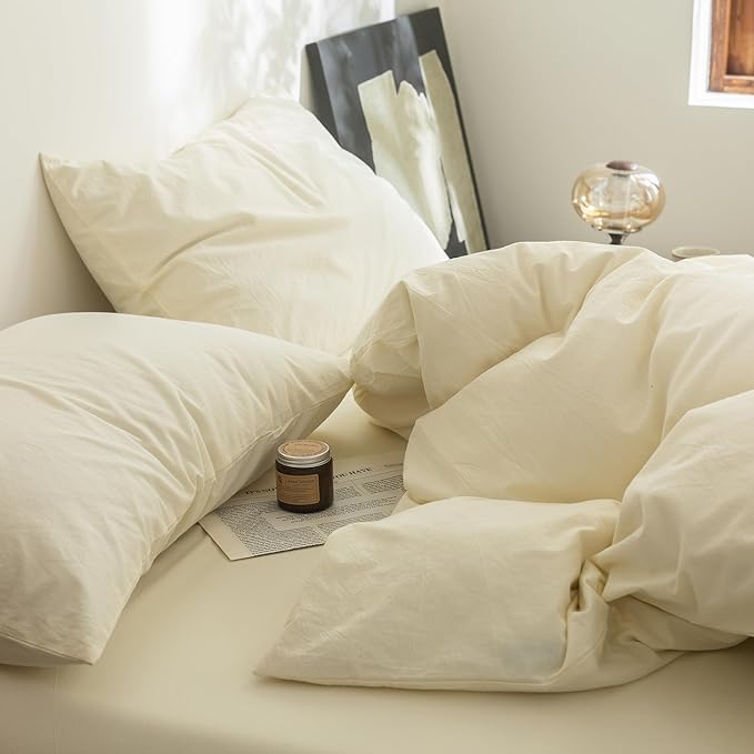 FOSSA Duvet Cover Set 100% Washed Cotton Linen Feel Super Soft Breathable Cozy 3 Pieces Bedding Sets Solid Cream White Oversized Queen