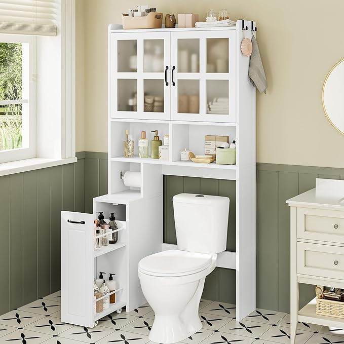 Over The Toilet Storage Cabinet with Pulley Small Bathroom Storage Cabinet, Space Saver W/Adjustable Shelf & Glass Doors for Bathroom, Restroom, Laundry (Frosted Mirror-Type B)